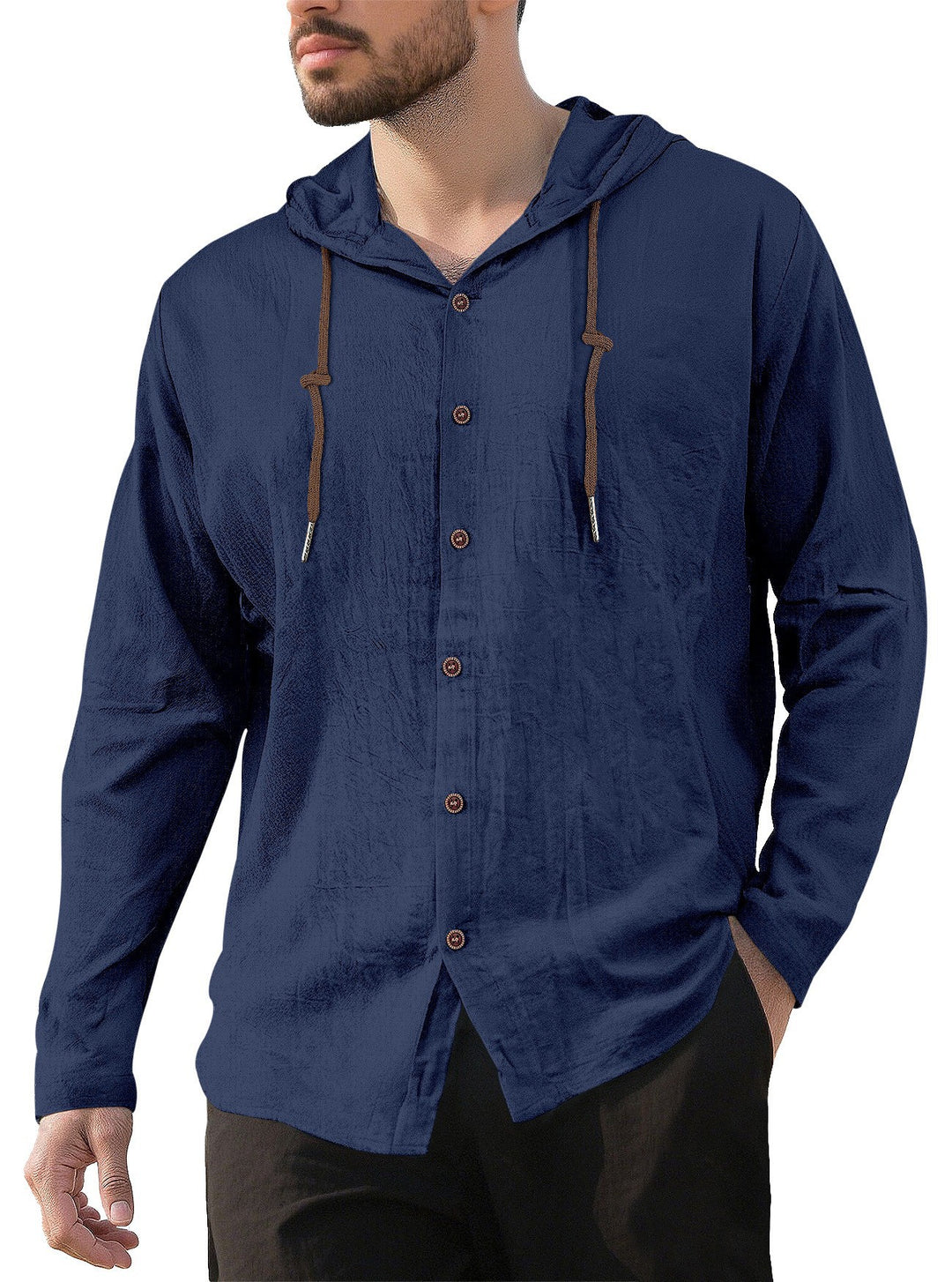 Herren nan Kapuzenhemd im Leinen-Look mit durchgehender Knopfleiste und Kordelzug R&B