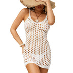Damen Häkel-Strandkleid mit großzügigem Lochmuster und tiefem V-Ausschnitt EB