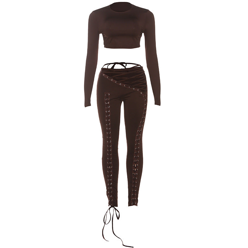 Damen Crop-Top und Hoch geschnittene Leggings mit Schnürdetails R&B