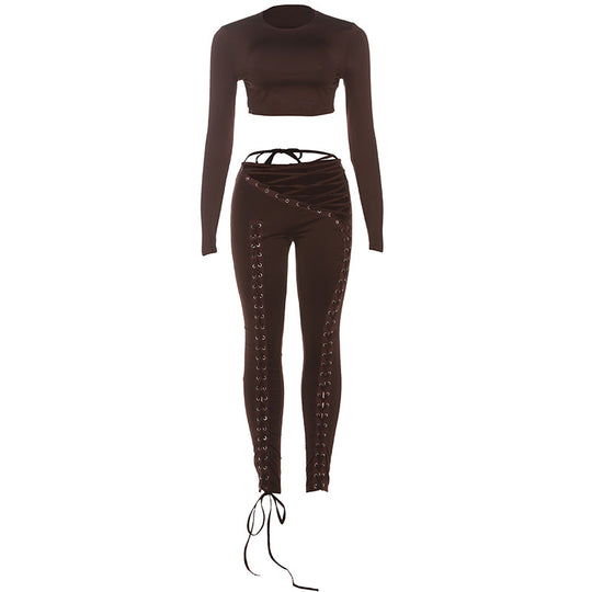 Damen Crop-Top und Hoch geschnittene Leggings mit Schnürdetails R&B