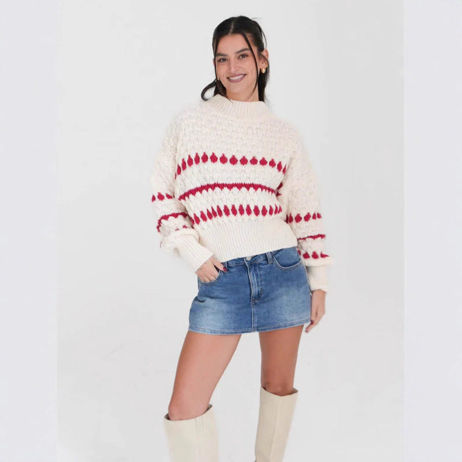 Damen Strickpullover mit modernem Zopfmuster und voluminösen Ärmeln R&B