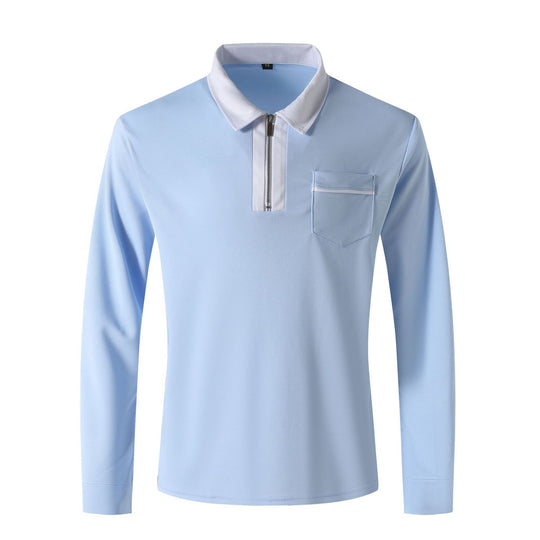 Herren nan elegantes Langarm-Poloshirt mit markantem Stehkragen Metall-Kurzreißverschluss und Brustleistentasche R&B