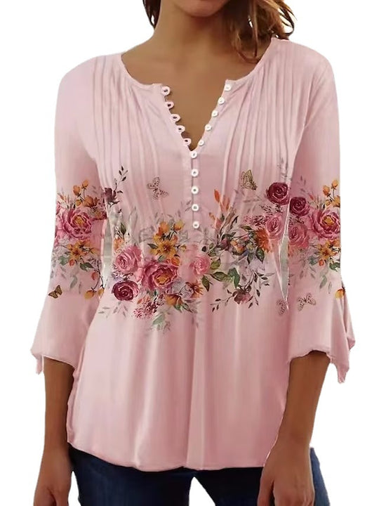 Damen nan luftige Tunika-Bluse mit Aquarell-Blumenbordüre, Kellerfalten und Dreiviertelärmeln R&B