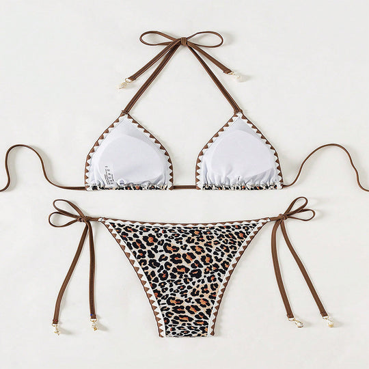 Damen Triangel-Bikini mit modischem Leoparden-Design und attraktiven Schnürdetails R&B