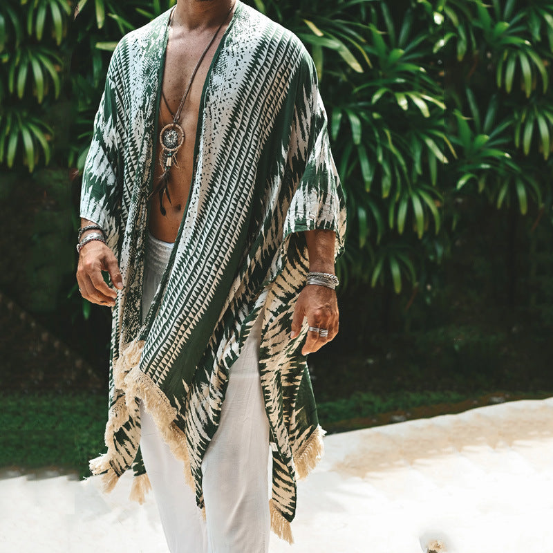 Herren nan leichter Strandponcho im Kimono-Stil mit Fransen R&B