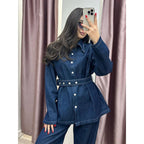 Damen Denim-Blazer-Set im Vintage-Stil mit Taillengürtel R&B