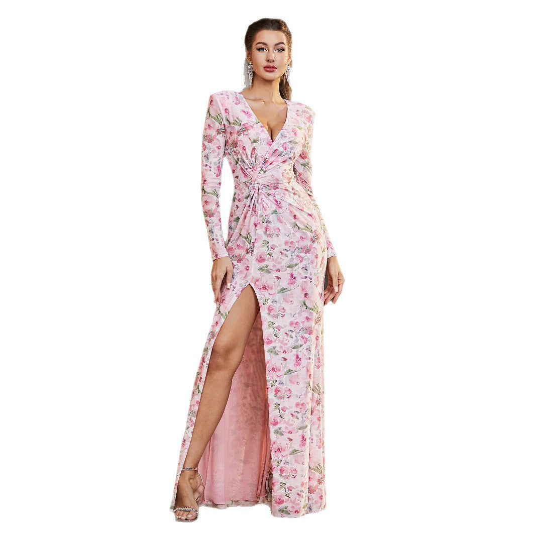 Damen Florales Maxikleid mit ärmellosem Design und hohem Schlitz R&B