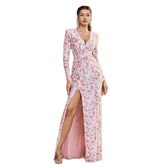Damen Florales Maxikleid mit ärmellosem Design und hohem Schlitz R&B