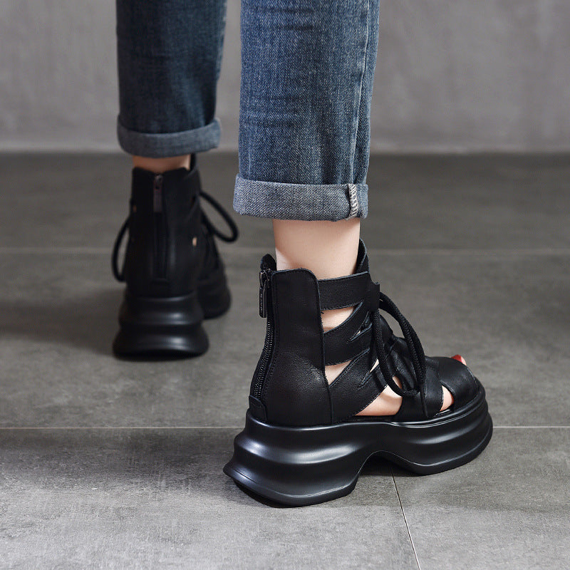 Damen modische Plateau-Sandalen mit durchlässigem Leder und innovativem Schnürsystem R&B