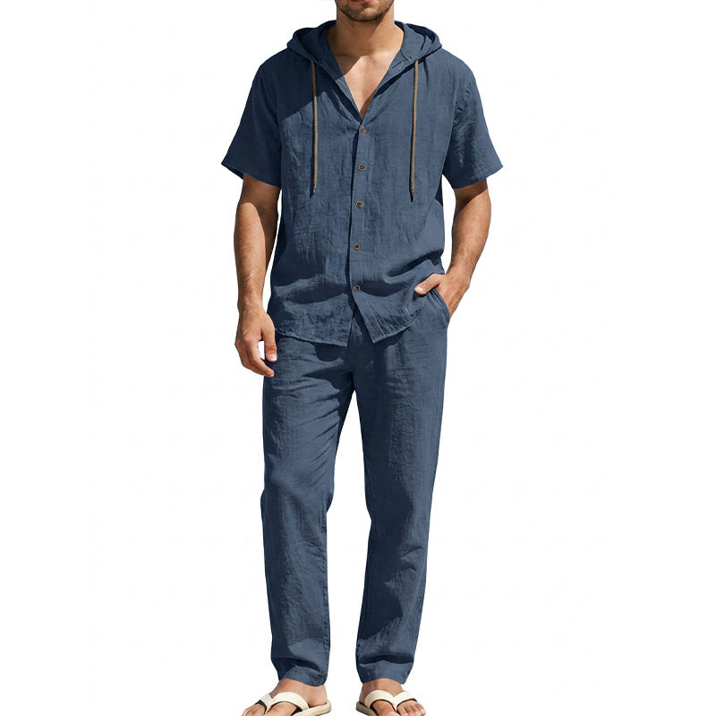 Herren nan luftiges Leinen-Lounge-Set mit kurzärmeligem Kapuzenhemd und gerader Relaxhose R&B