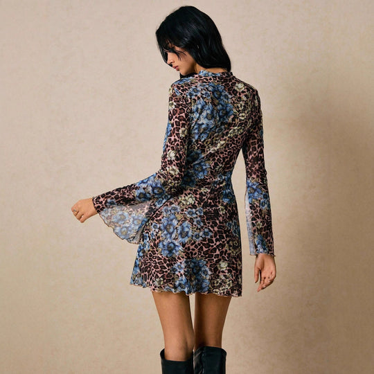 Damen nan figurbetontes Netz-Minikleid mit Leoparden- und Blumenprint, Stehkragen und Trompetenärmeln R&B