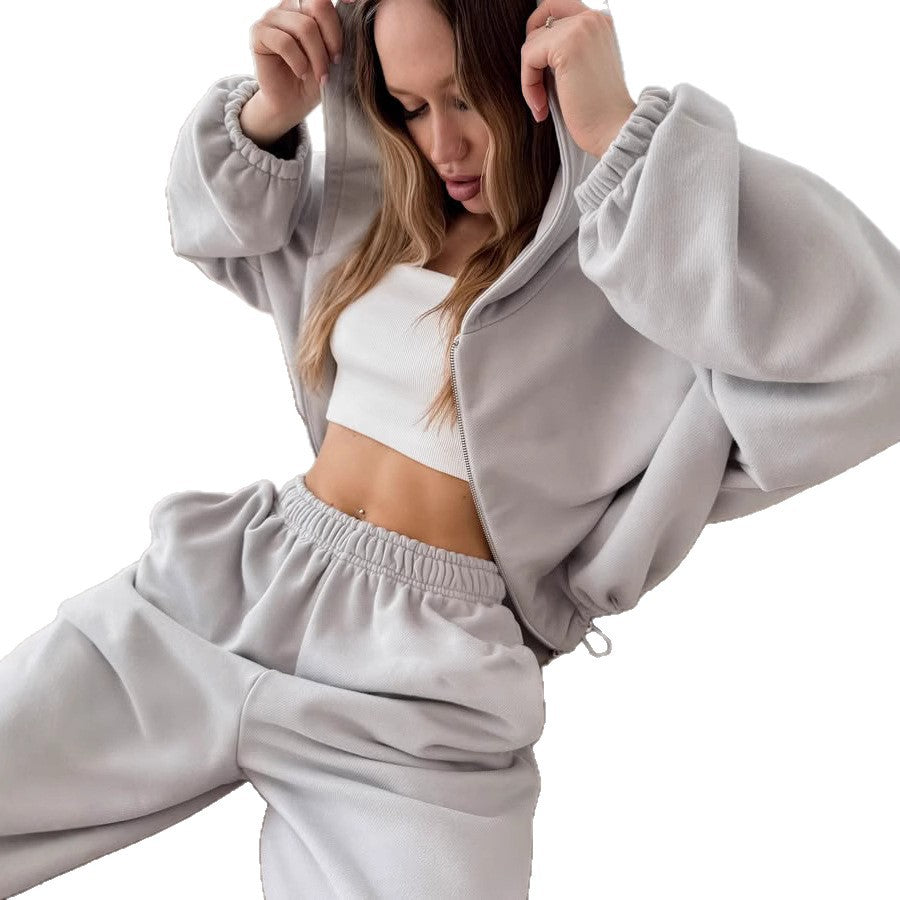 Damen lässiges Fleece-Loungewear-Set mit Kapuze und elastischem Bund R&B