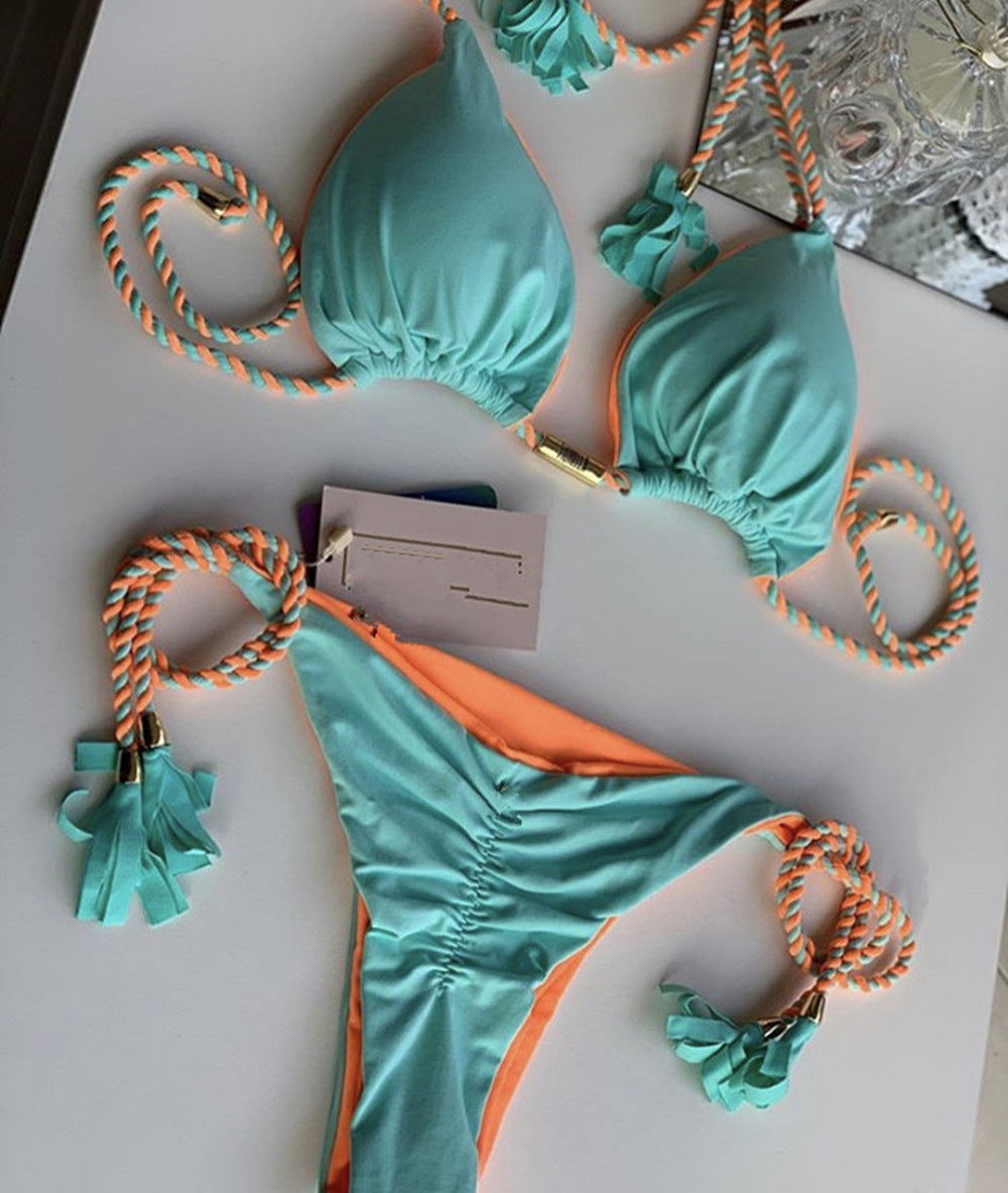 Damen Triangel-Bikini mit modischem Leopardenmuster und dekorativen Quasten R&B