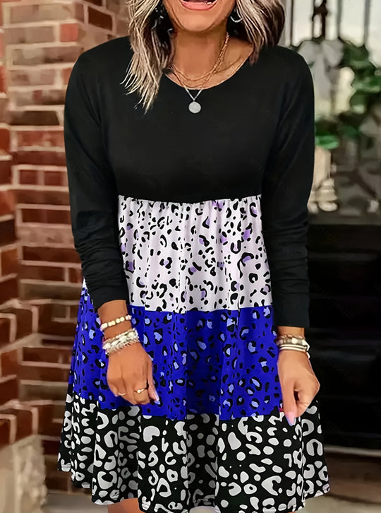 Damen nan langärmliges Stufenkleid mit geraffter Empire-Taille und gemischtem Animal-Print R&B