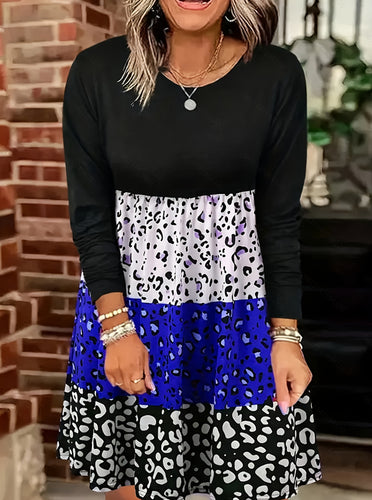 Damen nan langärmliges Stufenkleid mit geraffter Empire-Taille und gemischtem Animal-Print R&B