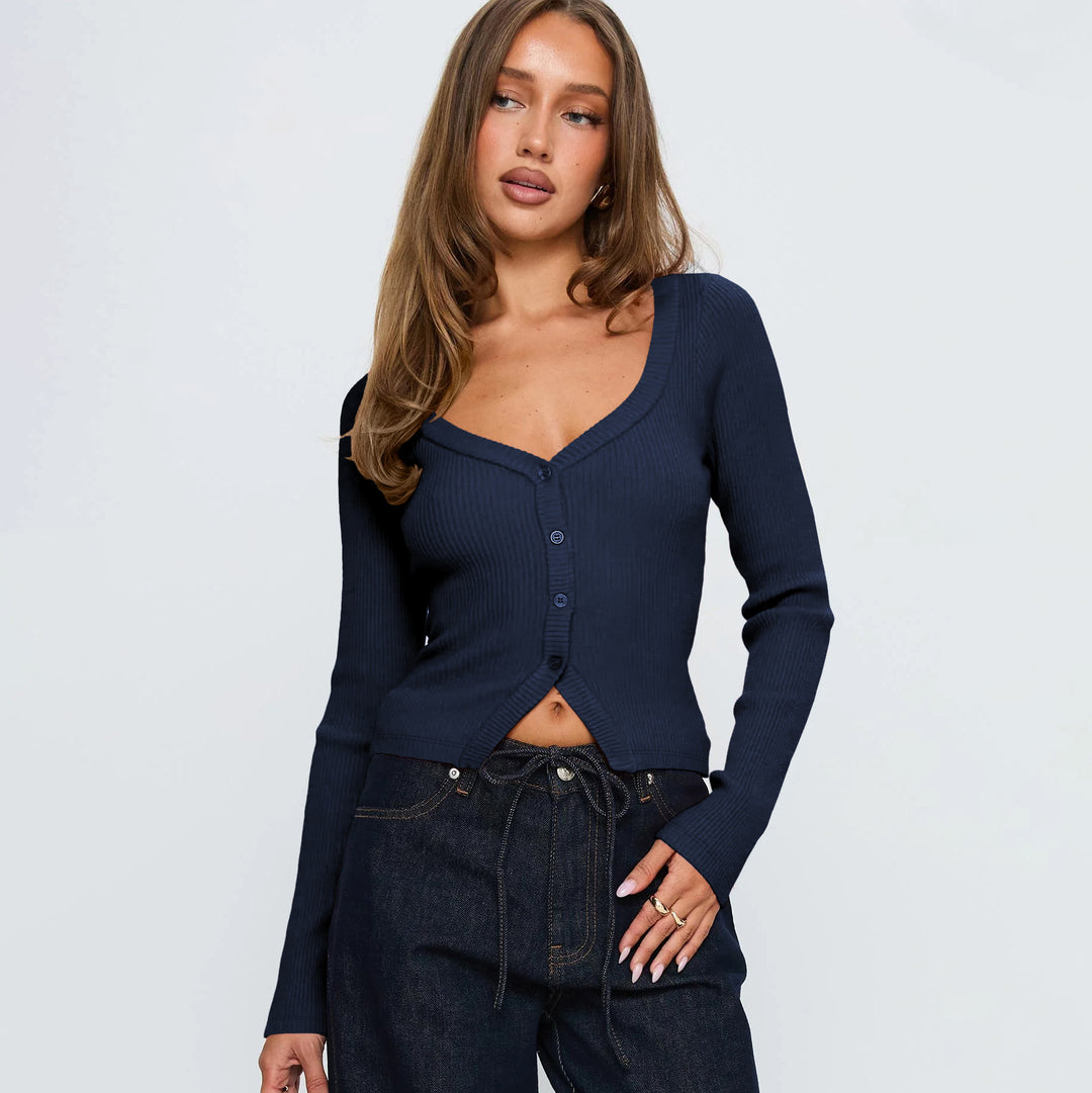 Damen Elegantes Ripp-Cardigan mit V-Ausschnitt und Knopfleiste R&B
