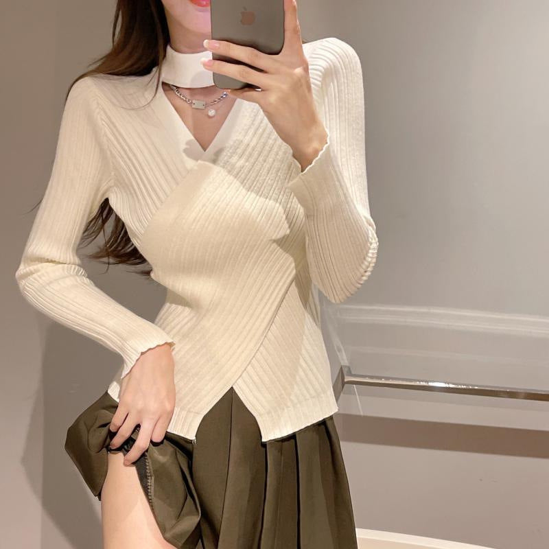 Damen elegantes Wickeloberteil aus geripptem Strickmaterial