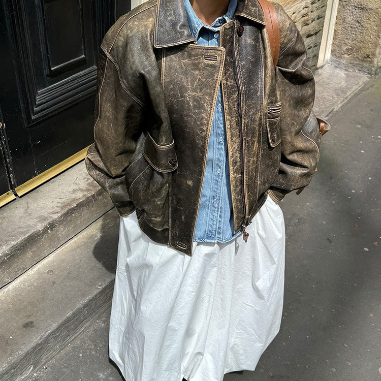 Damen Kunstleder Bikerjacke im markanten Vintage-Stil R&B