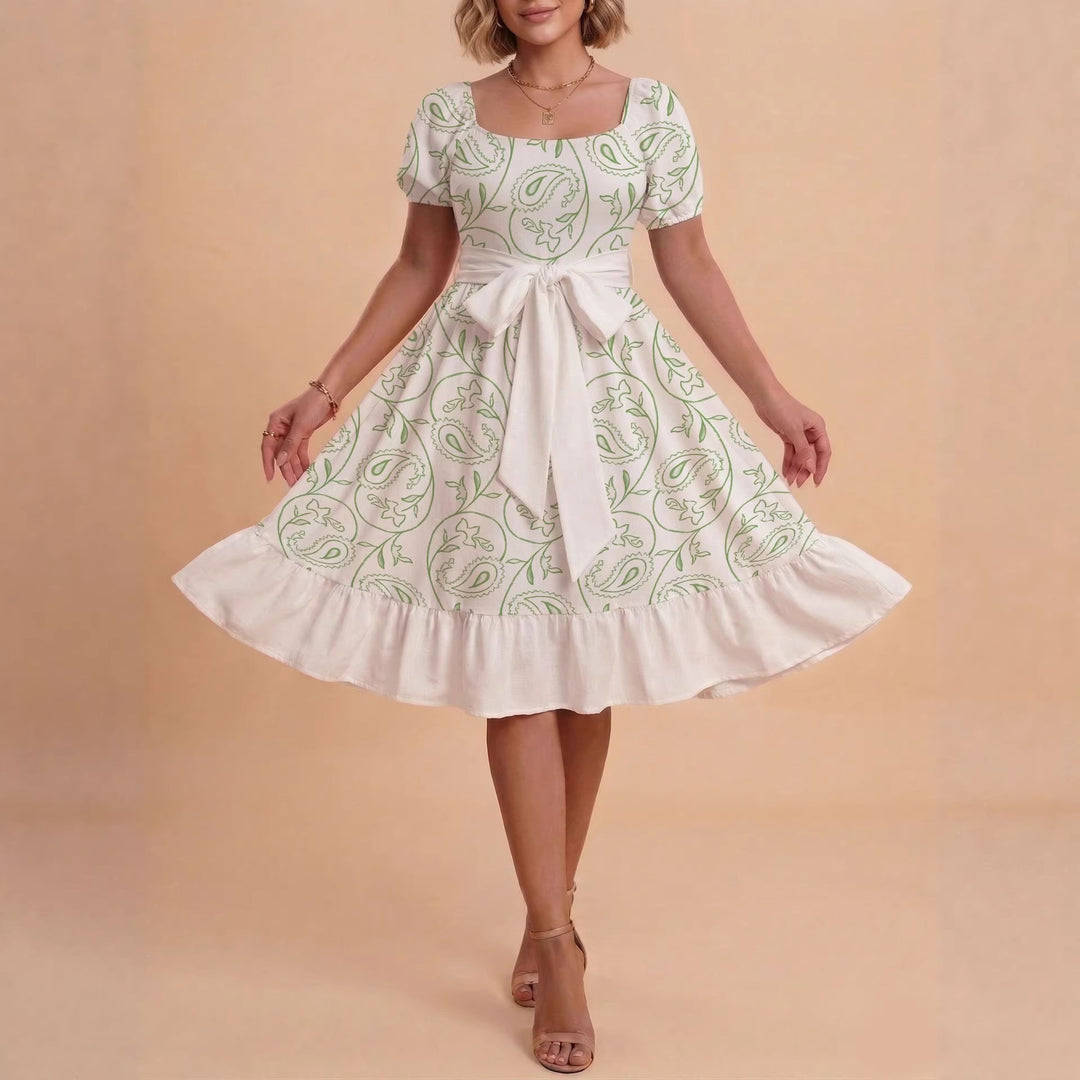 Damen Retro Maxikleid mit Puffärmeln und Taillengürtel R&B
