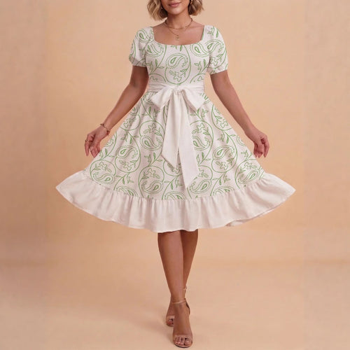 Damen Retro Maxikleid mit Puffärmeln und Taillengürtel R&B