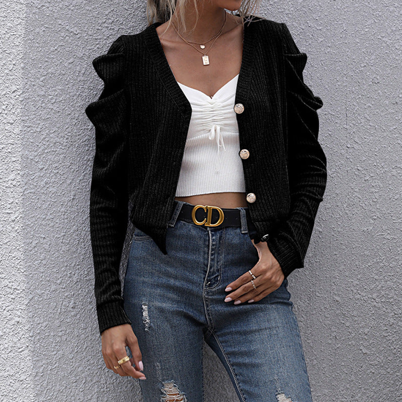 Damen Strickjacke mit dekorativen Puffärmeln und knöpfbarem V-Ausschnitt R&B