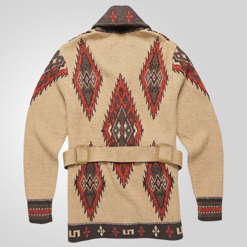 Damen Strickjacke mit kunstvollem Muster und exklusivem Gürtel R&B