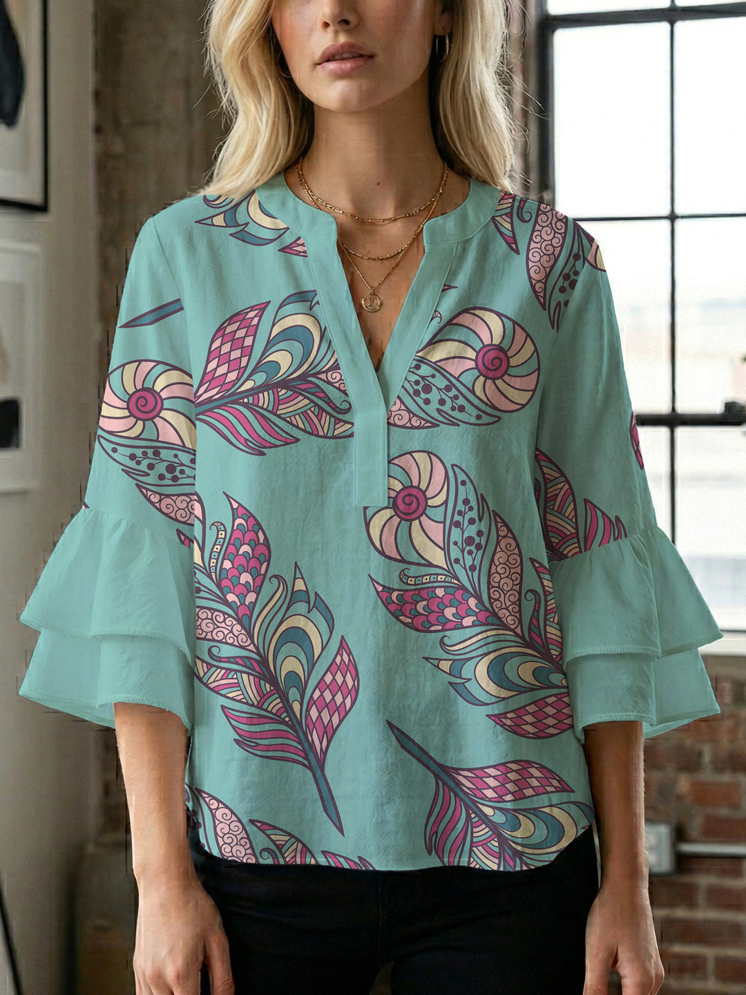 Damen Bluse mit voluminösen Rüschenärmeln und kreativem Floraldesign R&B