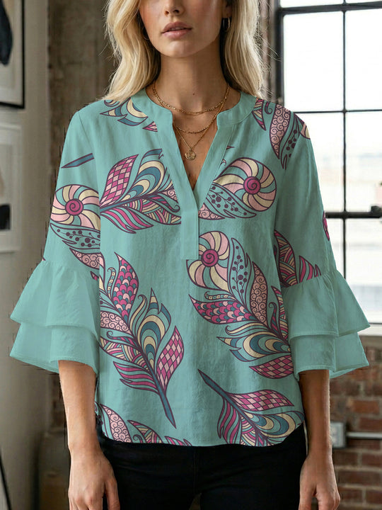 Damen Bluse mit voluminösen Rüschenärmeln und kreativem Floraldesign R&B