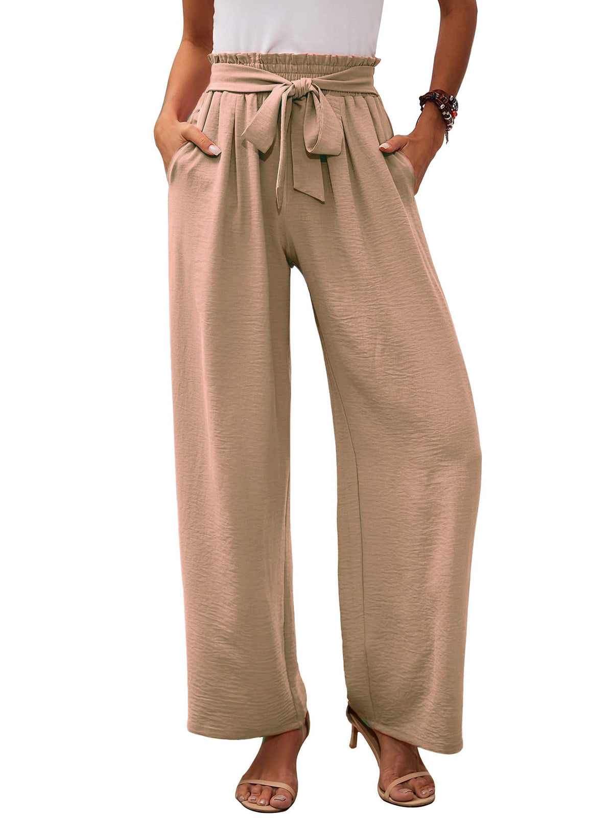 Damen nan Paperbag-Hose mit weitem Bein, hohem elastischem Bund und Bindegürtel R&B