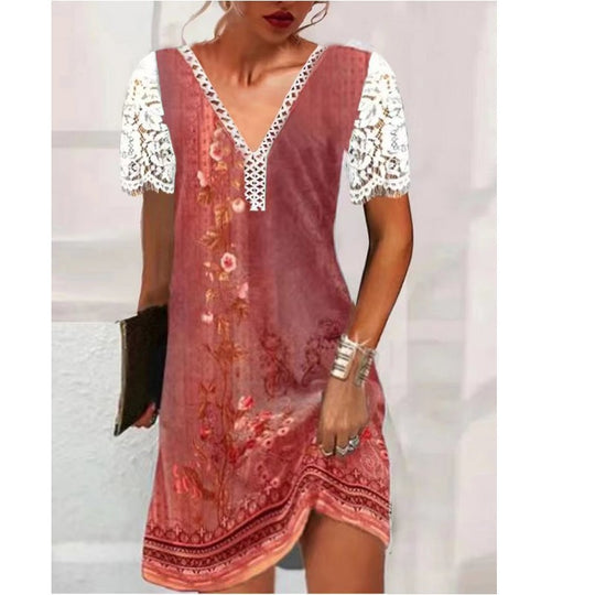 Damen Leichtes Sommerkleid mit Spitzenärmeln und floralem Design R&B