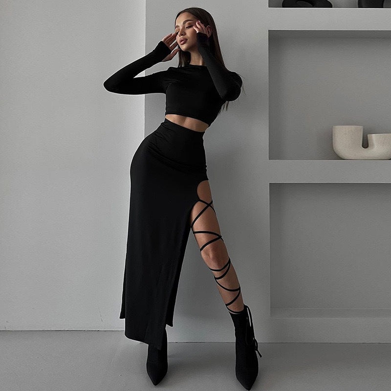 Damen Elegantes Crop-Top mit asymmetrischem Rock und raffiniertem Bein-Schlitz R&B