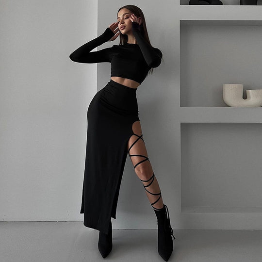 Damen Elegantes Crop-Top mit asymmetrischem Rock und raffiniertem Bein-Schlitz R&B