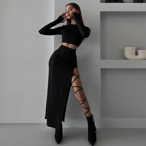 Damen Elegantes Crop-Top mit asymmetrischem Rock und raffiniertem Bein-Schlitz R&B