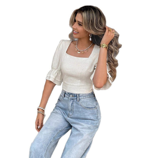Damen Puffärmel Crop-Top mit quadratischem Ausschnitt R&B
