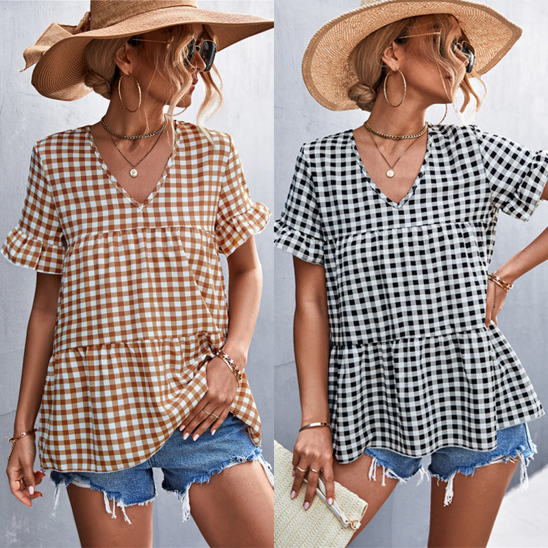 Damen Blusenshirt mit rüschenförmigem Saum und Karomuster R&B