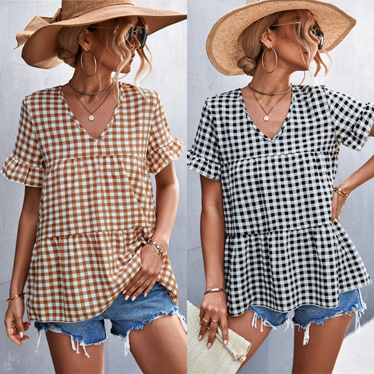 Damen Blusenshirt mit rüschenförmigem Saum und Karomuster R&B
