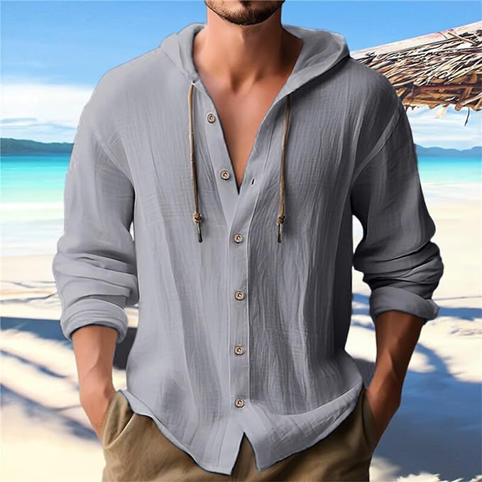 Herren nan Kapuzenhemd im Leinen-Look mit durchgehender Knopfleiste und Kordelzug R&B