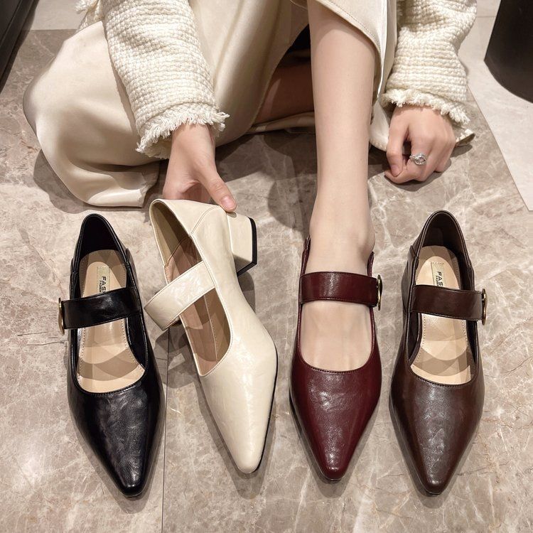 Damen elegante Mary Jane Pumps mit goldener Schnalle R&B