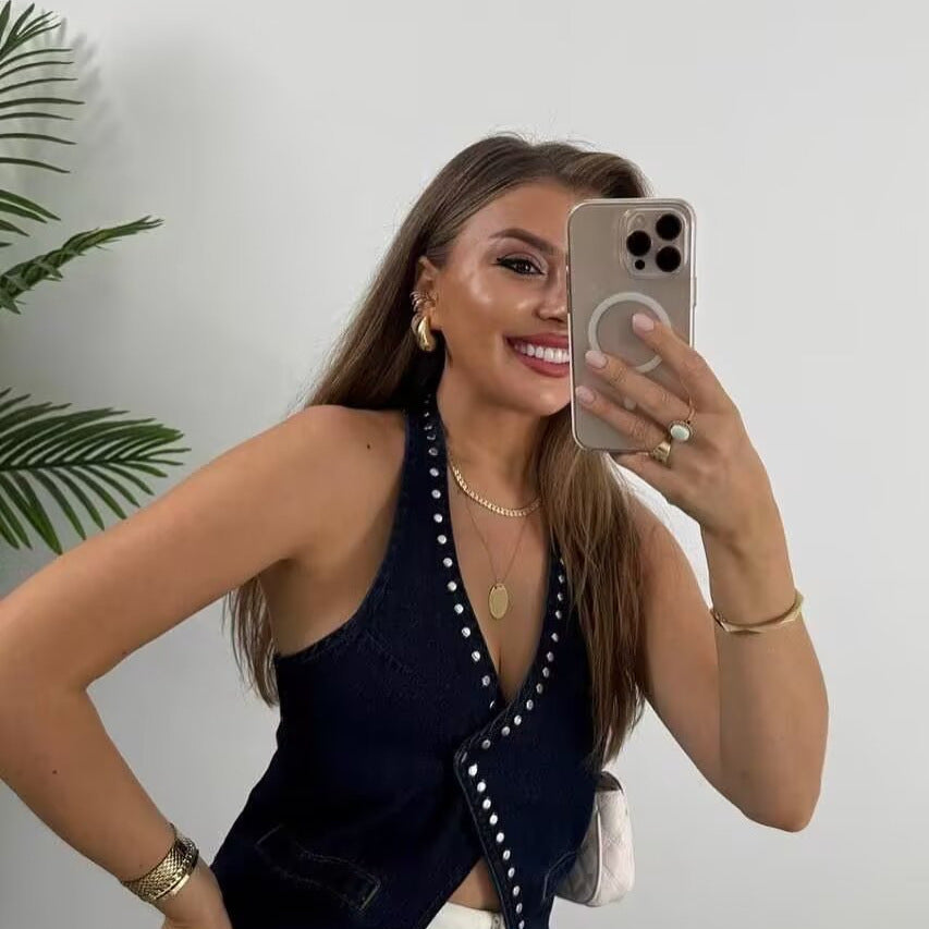 Damen elegante Denim-Weste mit dekorativen Druckknöpfen und lässigem Schnitt R&B