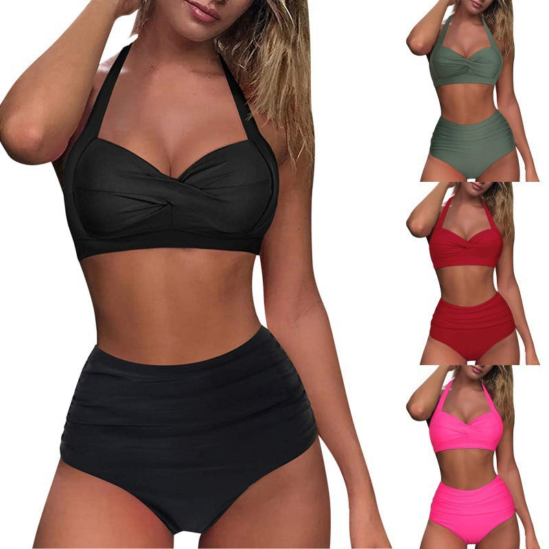 Damen Hochtaillierter Karobikini mit gerafftem Oberteil R&B