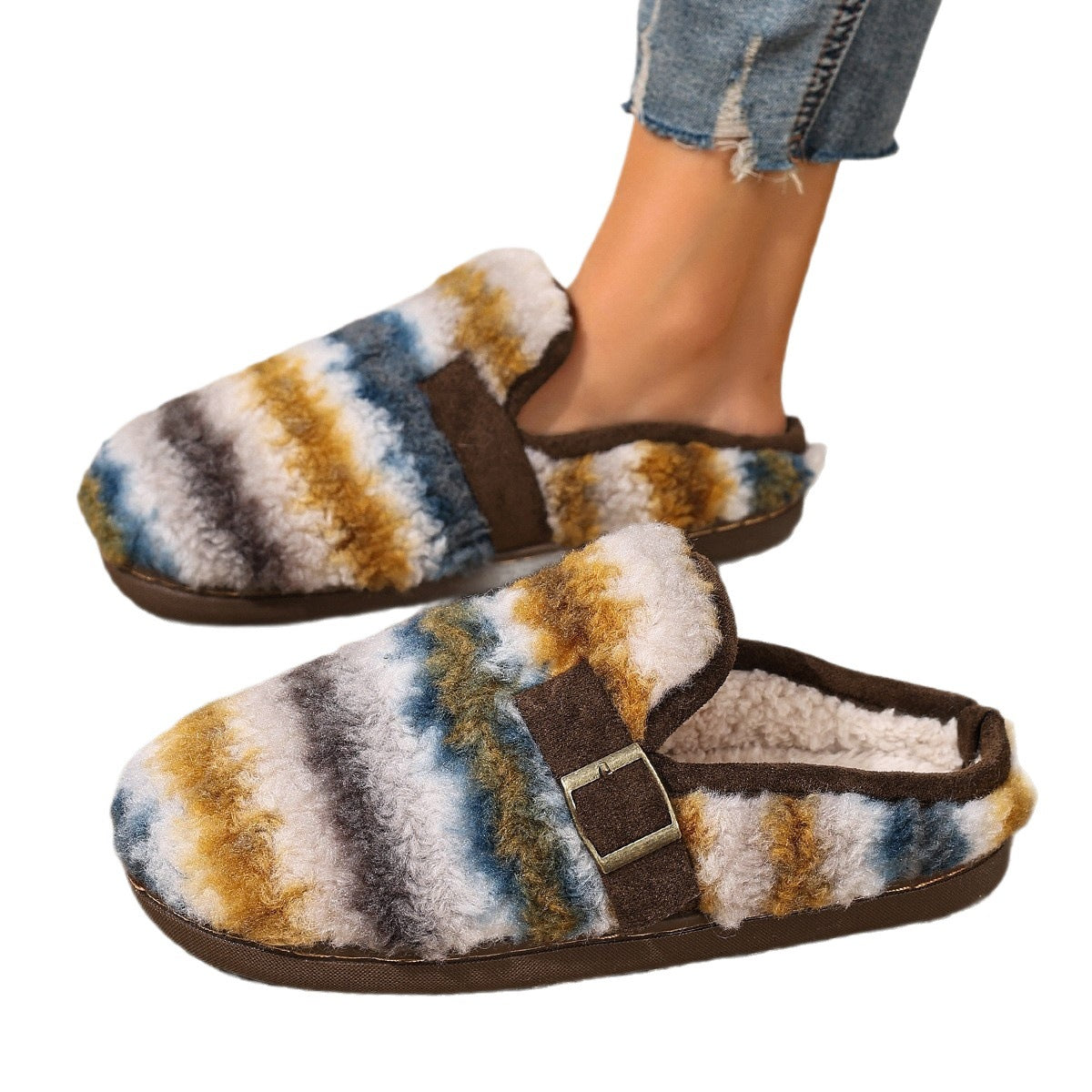 Damen Warme Hausschuhe mit Karomuster und bequemer Sohle R&B