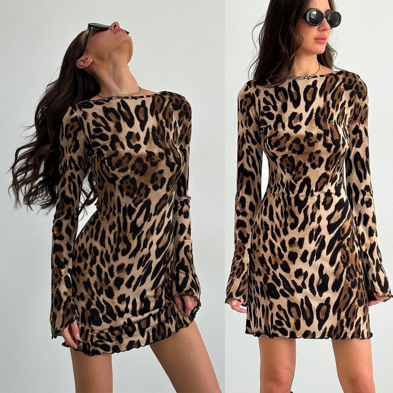 Damen Kleid mit offenem Rücken und attraktivem Leopardenmuster R&B