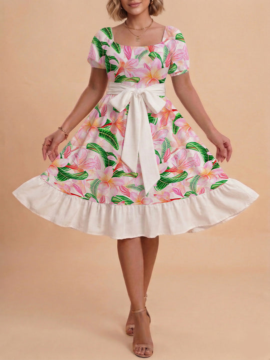 Damen Sommerkleid mit floralem Puffärmel und taillierbarem Gürtel R&B
