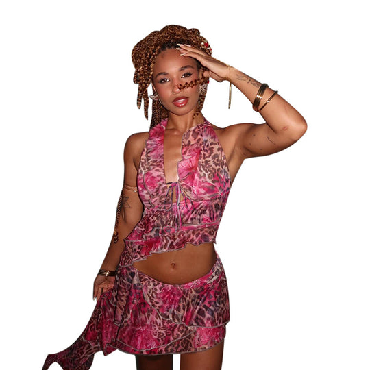 Damen asymmetrisches Wickelkleid mit Rüschendetails und femininem Leopardenmuster R&B