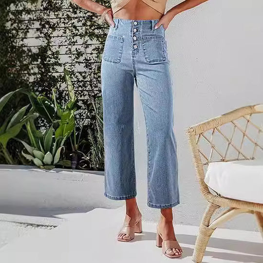 Damen High-Waist Jeans mit Knopfdetail und weitem Bein R&B
