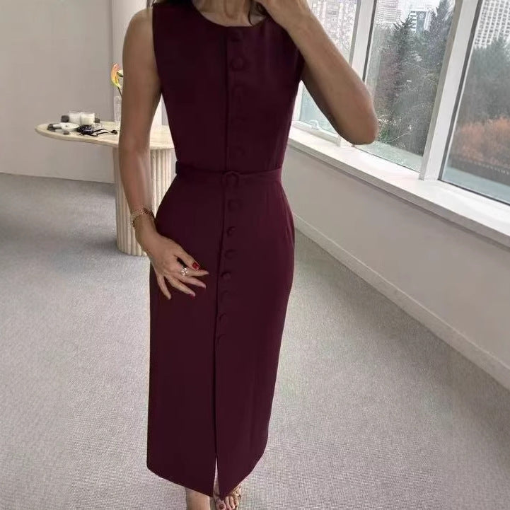 Damen ärmelloses Wickelkleid mit Knopfverschluss und Taillengürtel R&B