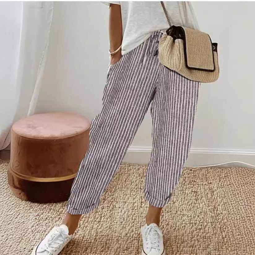 Damen lässige Streifenhose mit elastischem Bund und praktischen Eingrifftaschen R&B
