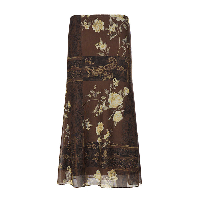 Damen Maxi-Rock mit floralem Design und transparenter Chiffon-Überlage R&B