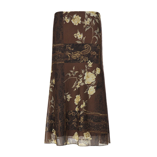 Damen Maxi-Rock mit floralem Design und transparenter Chiffon-Überlage R&B