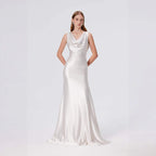 Damen elegantes Abendkleid mit fließendem Satin und raffiniertem Ausschnitt R&B